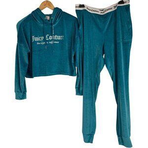 Juicy Couture Sleep Teal Velour Lounge Set M Hooded Crop Top & Pants RP10554